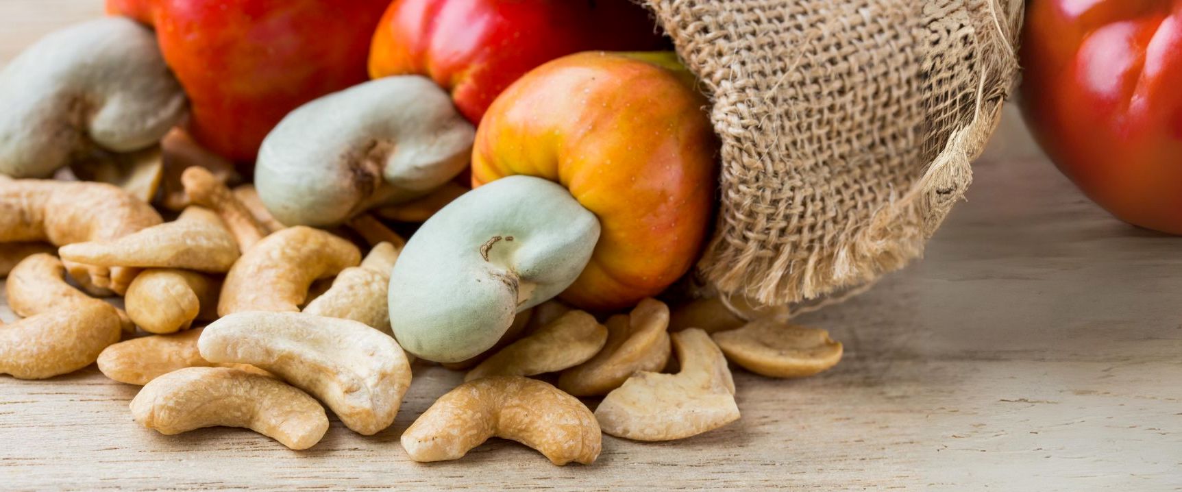 cooked cashews display next to cashew fruit still seed on